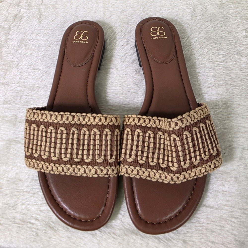 Cosy Island Oasis Slide Sandals Brown Woven Strap Flat Women Size 9 NEW